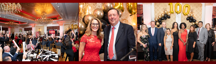 Collage of three photos. 1. Photo of the ballroom with the attendees in the room holding up their bid cards. 2. Photo of a woman in a red dress and a man with a red tie at the Heart Ball. 3. Photo of nine attendees standing in front of a balloon arch with large gold balloons spelling out “100” at the Heart Ball.
